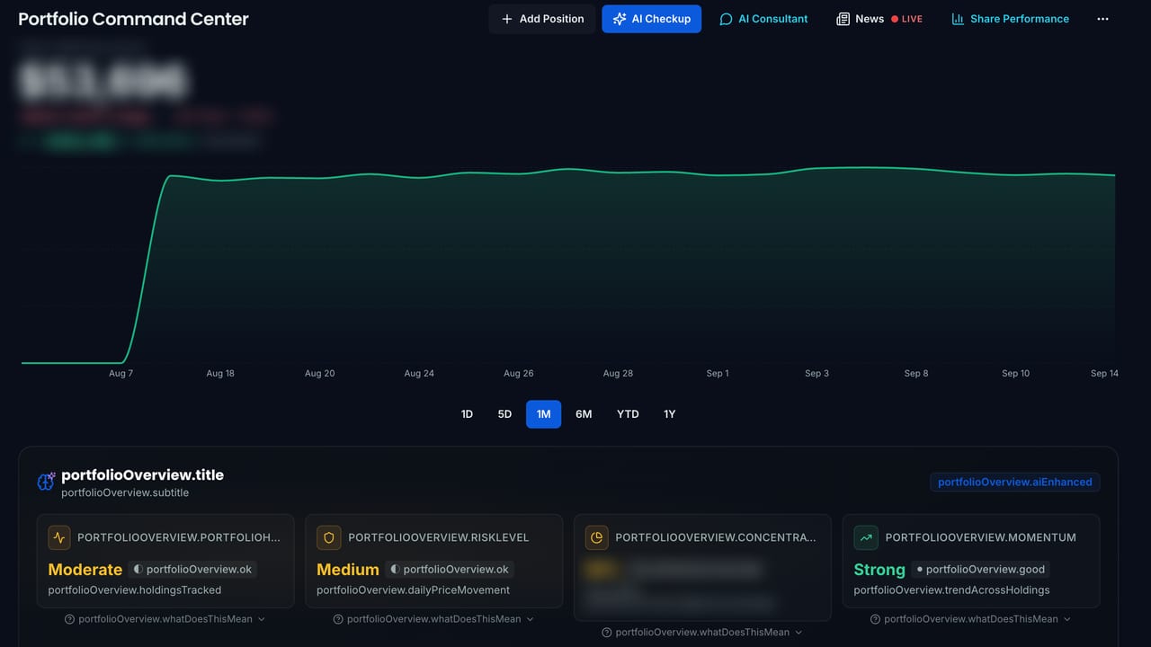 Screenshot of the Portfolio Command Center page on Stock Expert AI