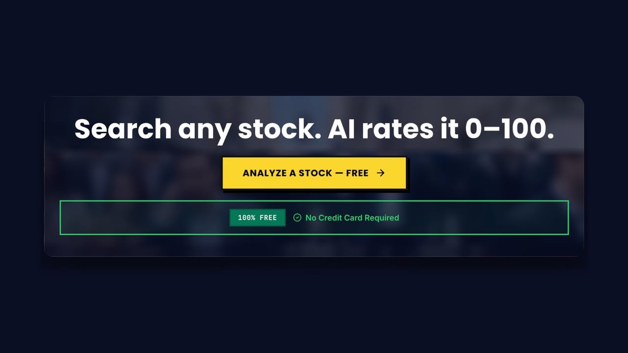 Stock Expert AI home page: search any stock, AI rates it 0⁠–⁠100. MoonshotScore is given to eligible US stocks only.